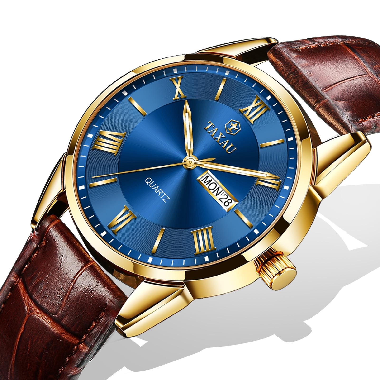 Taxau Leather Watches for Men Blue Face Classic Luxury Men’s Dress Watch Anal…