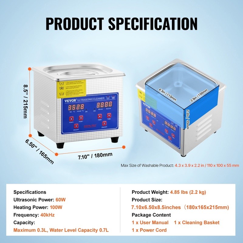 Ultrasonic Cleaner 40kHz Jewelry Cleaner 60W Stainless Steel Digital Control New