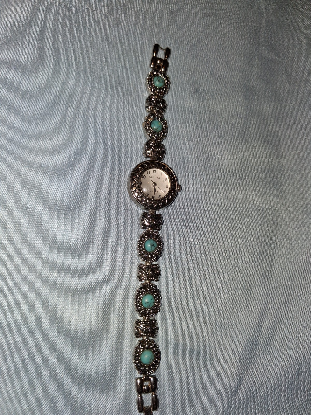 Native American Style Turquoise, 925 Sterling Watch Braclet Swiss Gold Quartz