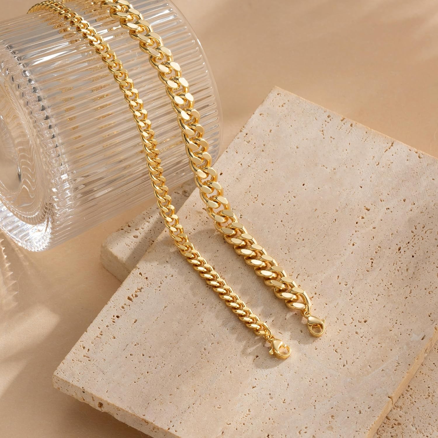 14K Gold Plated Stackable Chunky Cuban Link Chian Anklet Bracelet Set for Women