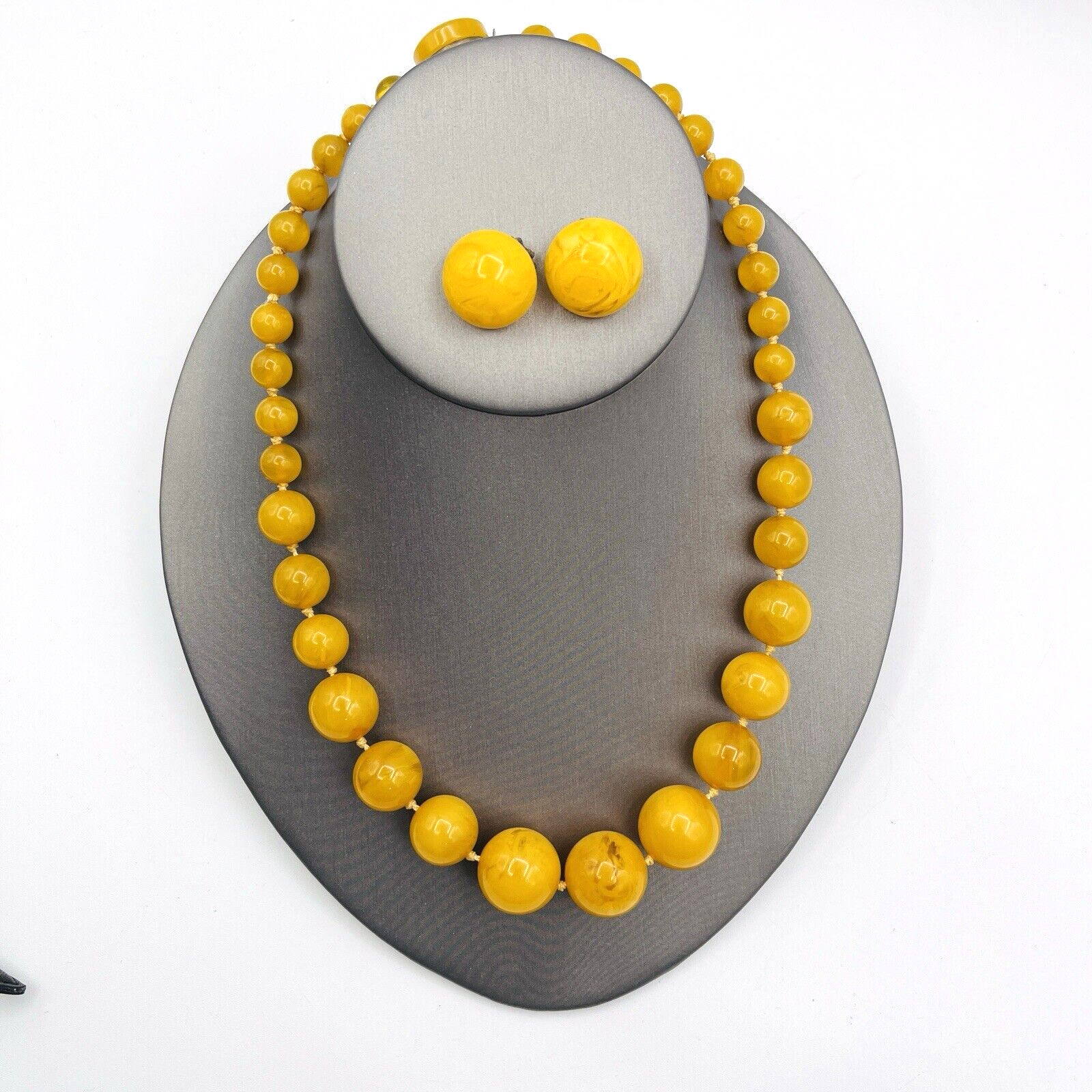 Vintage Egg Yolk Bakelite Beaded Graduated Necklace and Clip Earrings Set