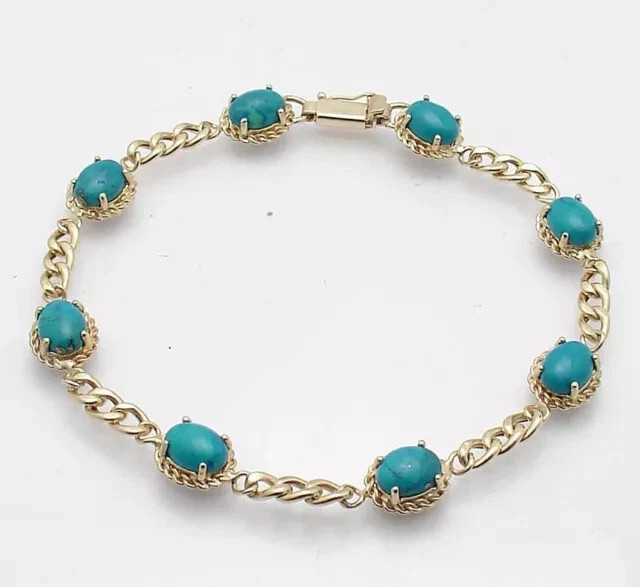 Natural Turquoise Gemstone Tennis Curb Link Bracelet 925 Silver14k Yellow gold P