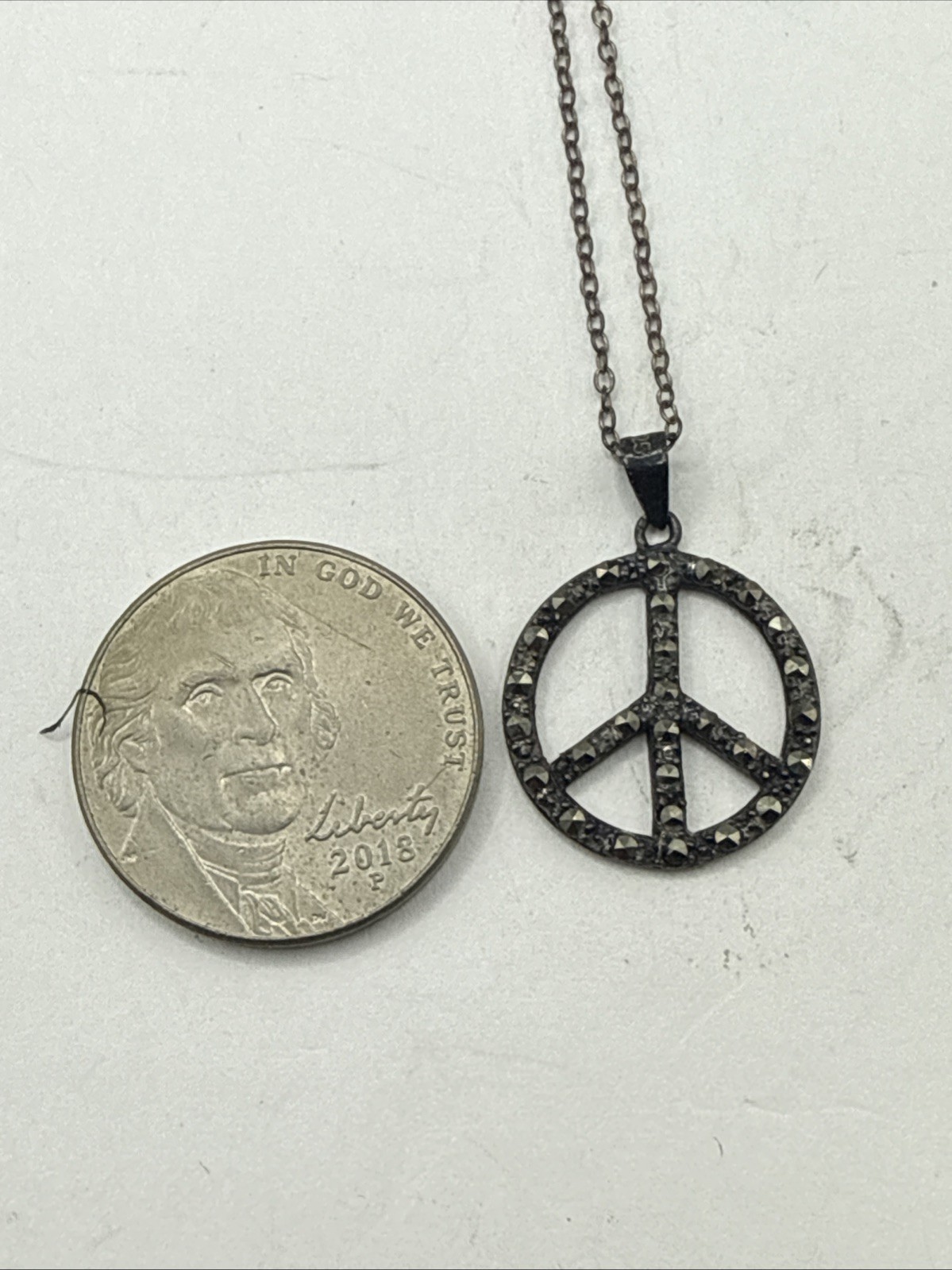 Sterling Silver Peace Sign Necklace 17”-20” Variable Length Marcasite Stone