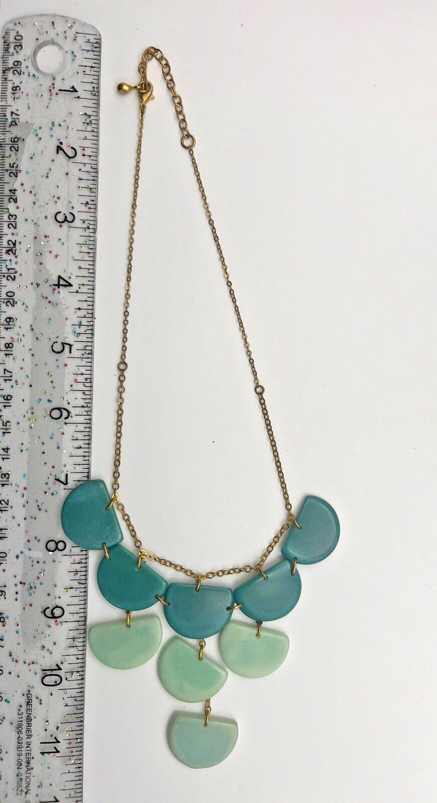 Teal Blue Green Gold Tone Dangle Necklace Fashion Jewelry Acrylic Semicircles