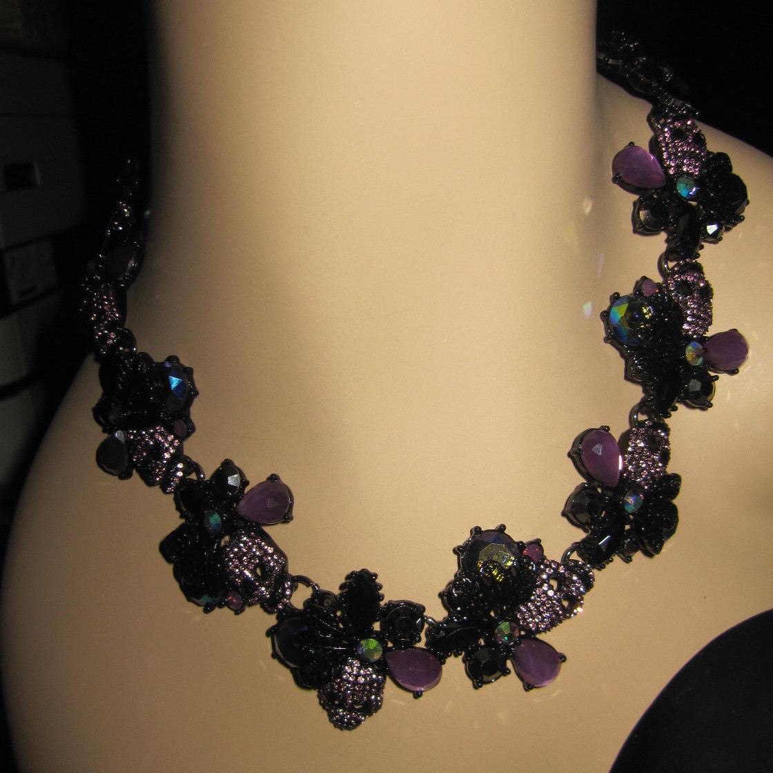 BETSEY JOHNSON DARK MAGIC BLACK WITH BLING SKULLS AND FLOWERS STATEMENT NECKLACE