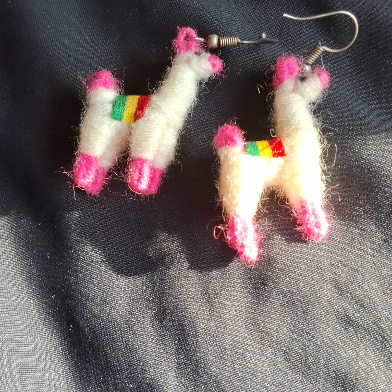 Handcrafted Wool Dangle Earrings White Pink Multicolor Llama French Wire Animal