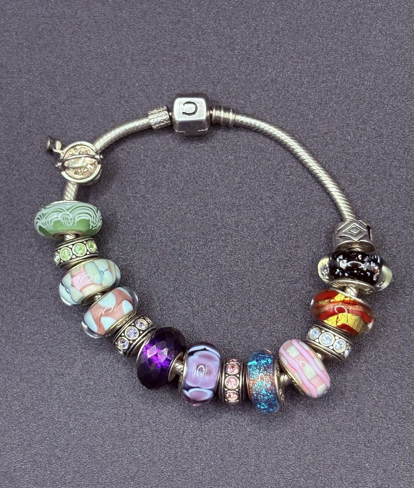 Chamilia Sterling Silver 925 Charm Bracelet 15 Murano Glass CZ Beads 7.5” 51g