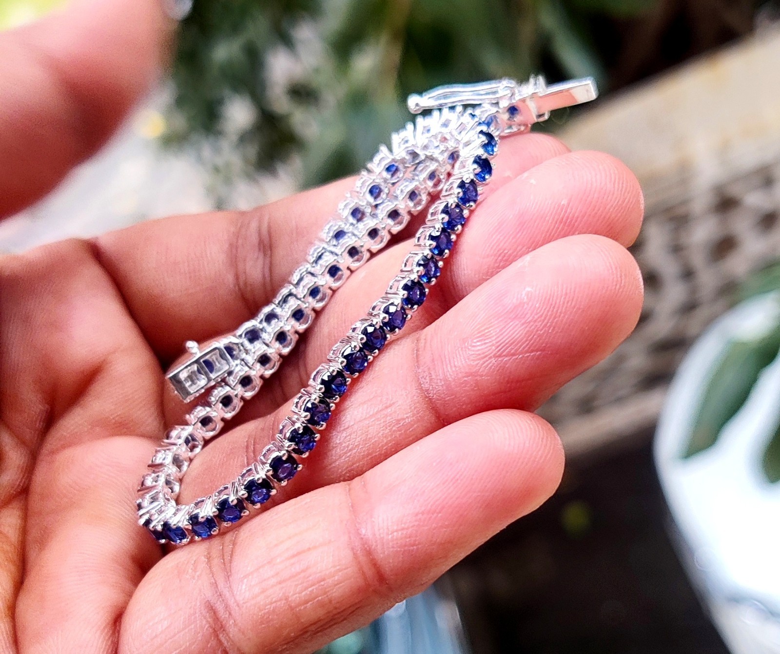 6Ct Lab Created Blue Sapphire Tennis Bracelet 7.5″ 14K White Gold Plated Silver