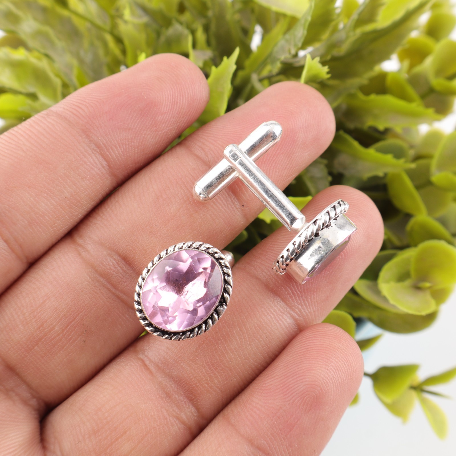 Pink Morganite Gemstone 925 Sterling Silver Men’s Cufflinks Jewelry Gift For