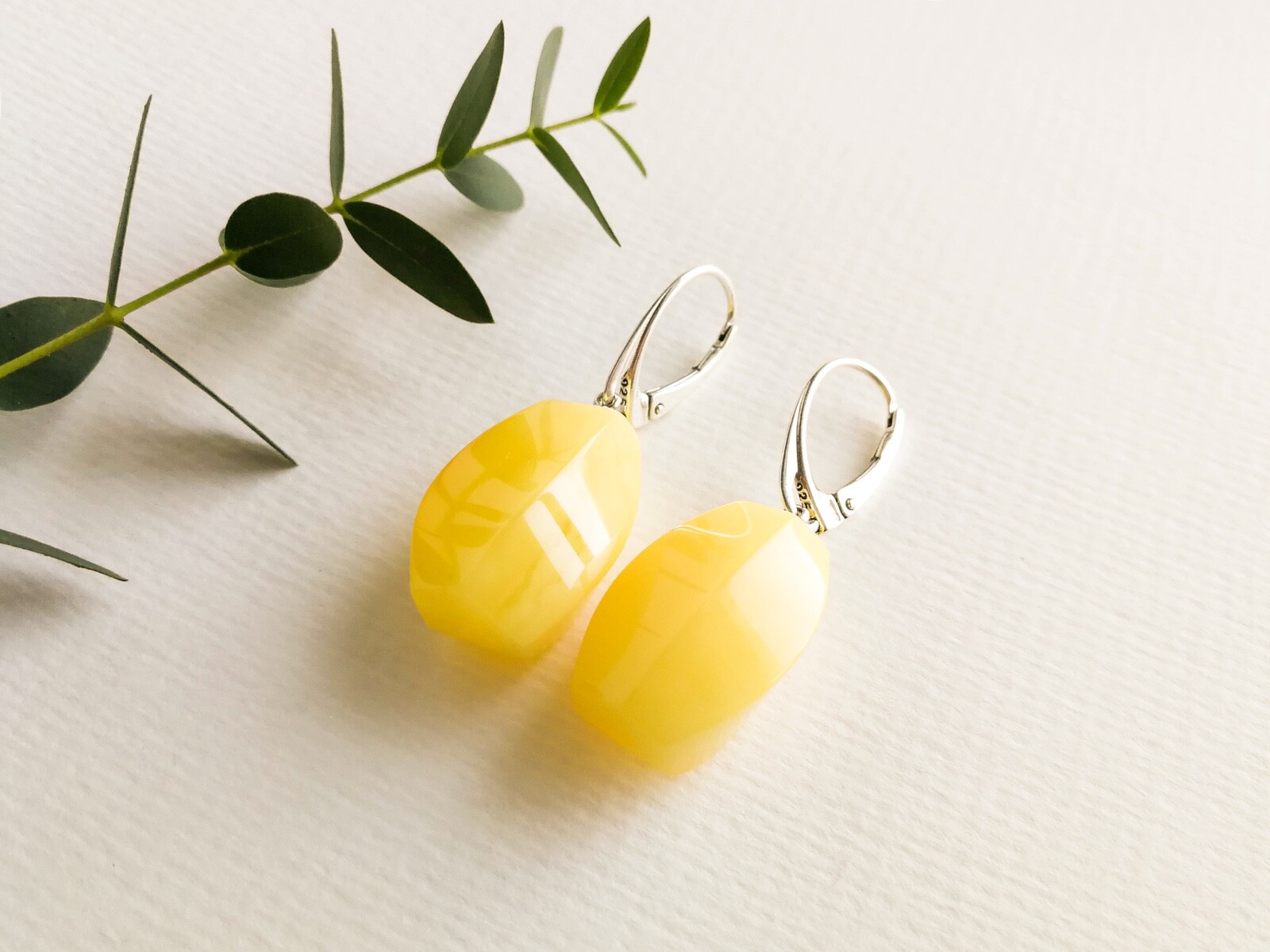 Natural Baltic Amber TORVELA Earrings thick cut shape matt yellow silver 1,57in