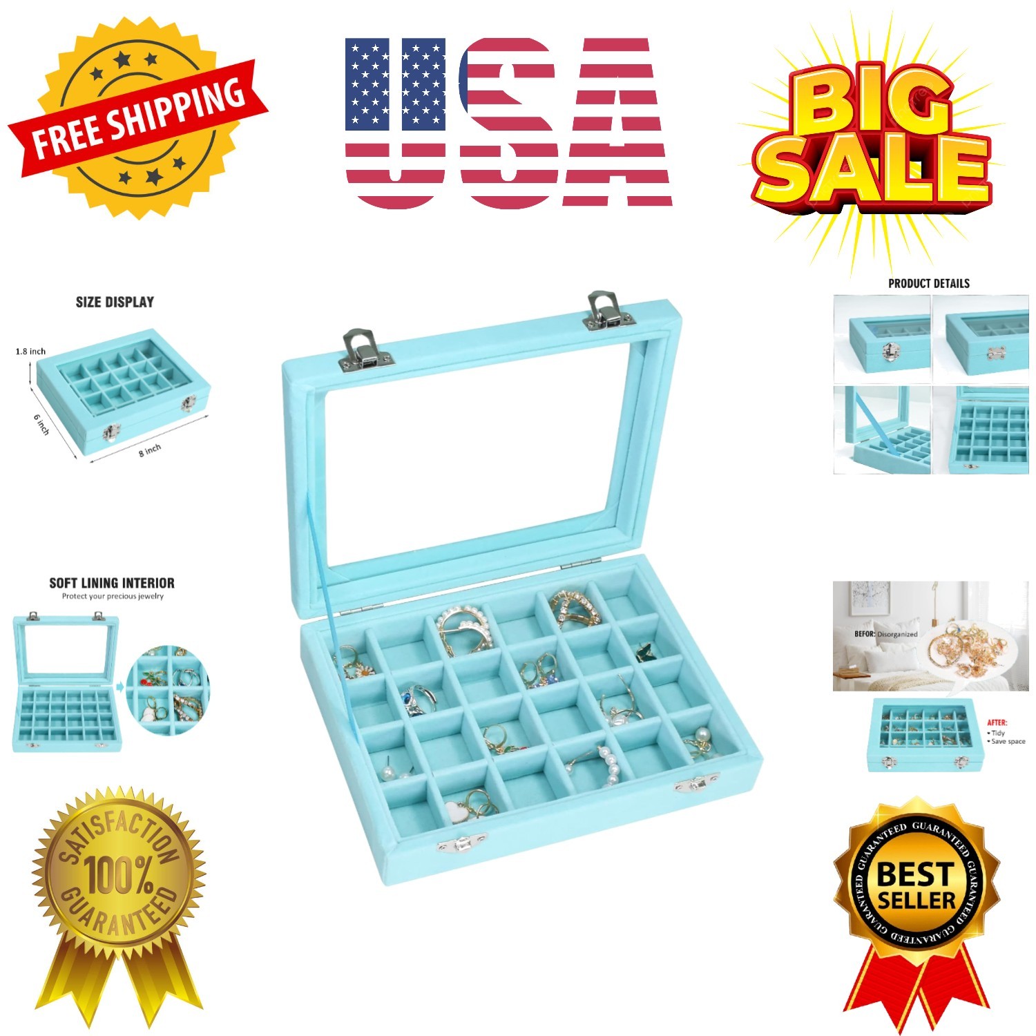 Velvet Jewelry Box 24 Grid Jewelry Ring Display Organiser Box Tray Holder Ear…