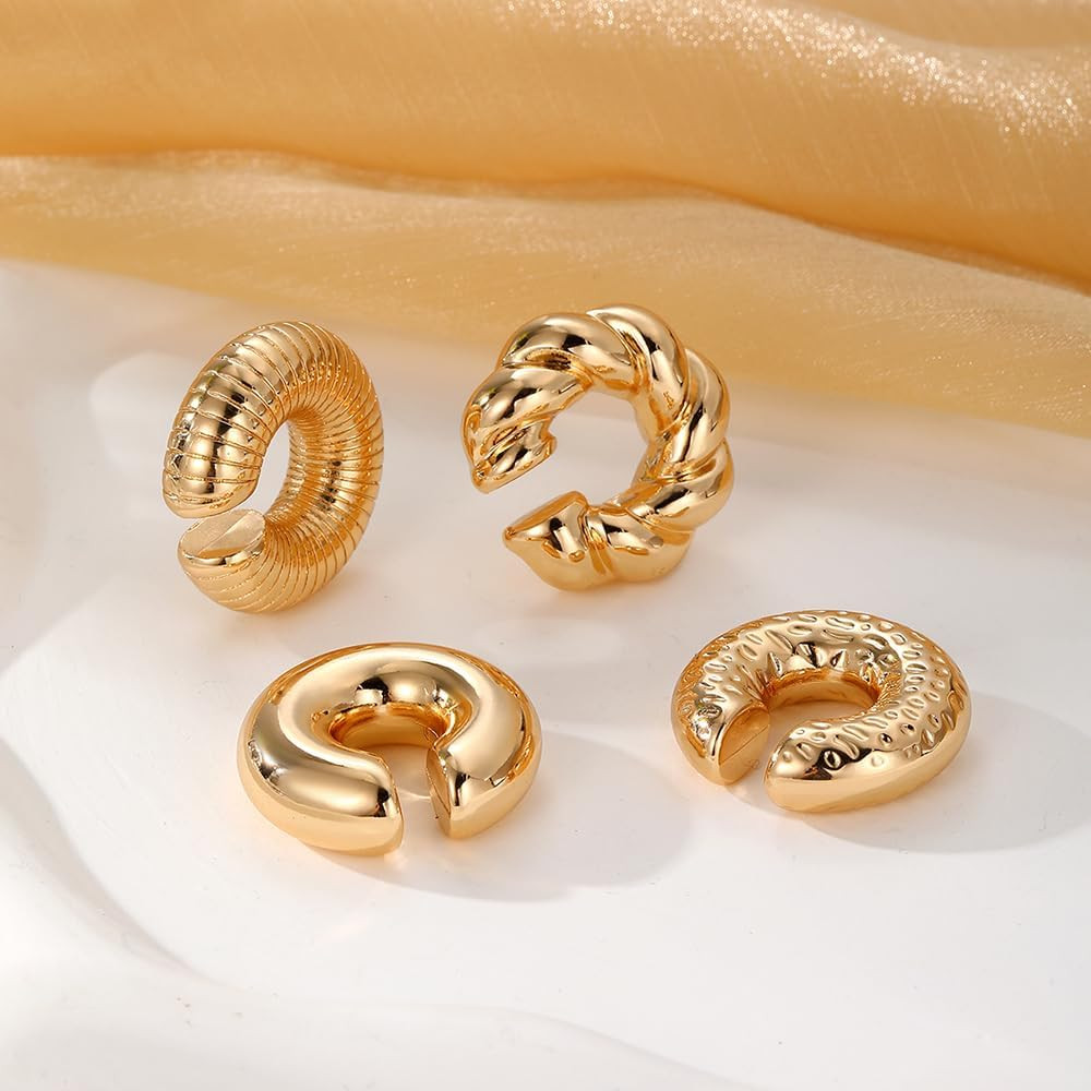 4 Pcs Chunky Ear Cuffs Non Piercing for Women, Golden C-Shaped Clip on Cartilage