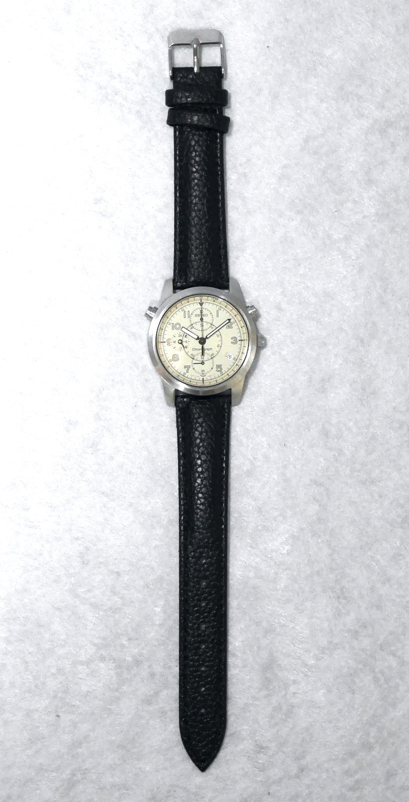 SEIKO SUS Military Watch 7T27 1995 White Pilot Chronograph Date indicator Japan