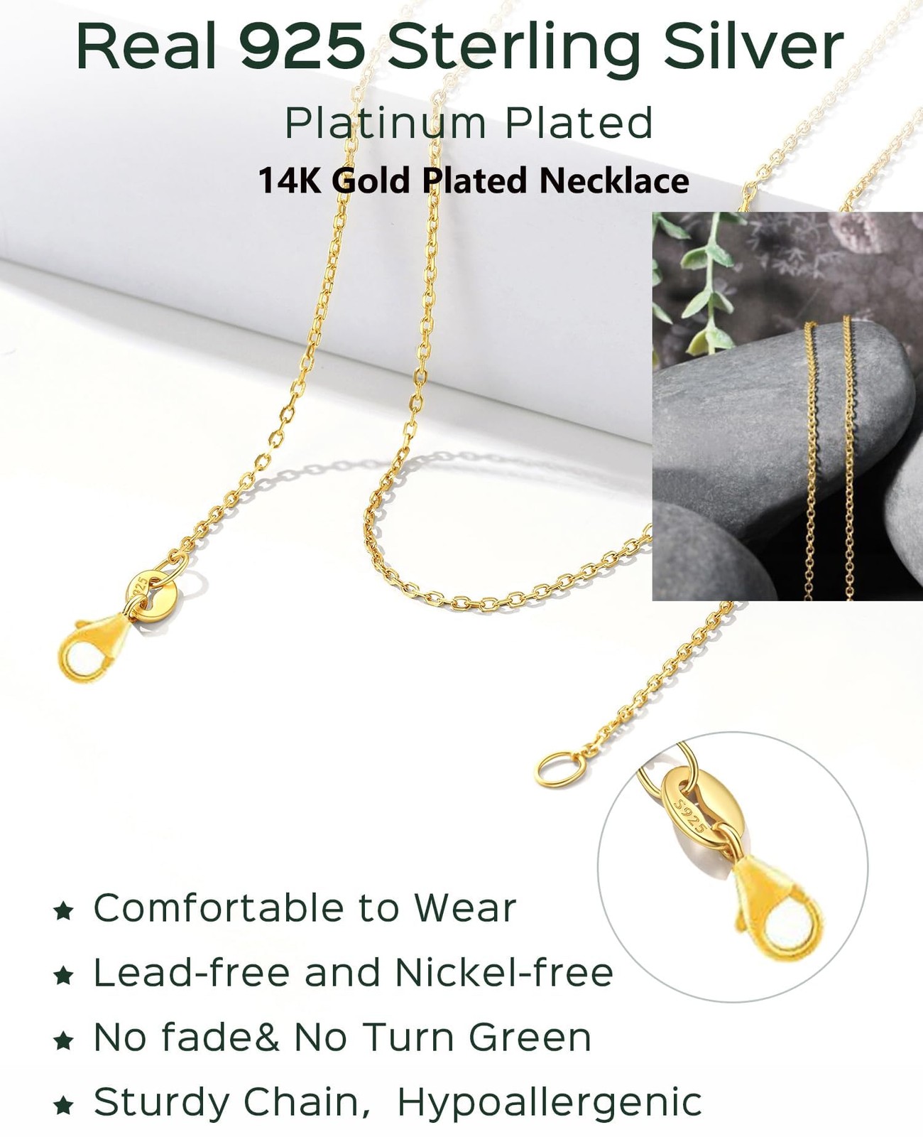 14k Gold Over 925 Sterling Silver Chain Necklace for Women , Prgislew Layerin…