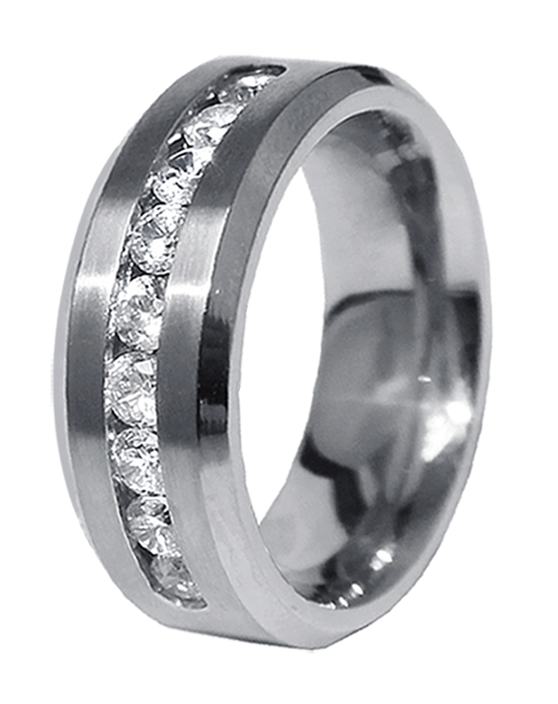 Mens 8mm Width Round Cut CZ Stones Stainless Steel Wedding Ring Band Size 9-13