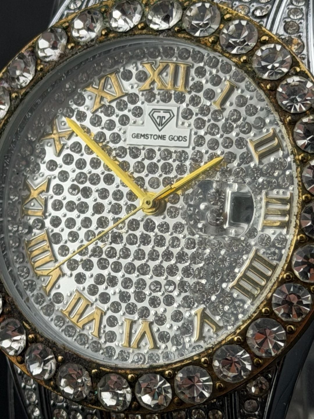 Gemstone Gods Iced-Out Two-Tone Roman Num. Crystal Bling Watch NEW BATTERY 42mm