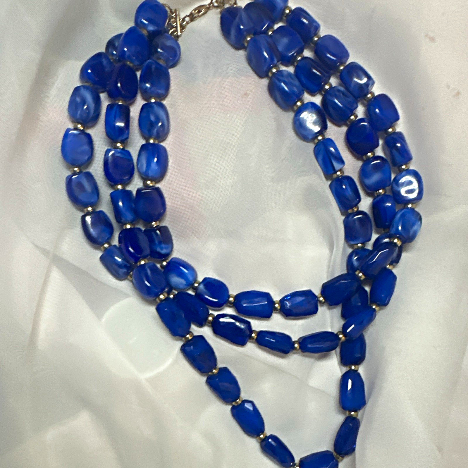 Blue Glass Beaded Multi-Strand Necklace, Silver Tone, Adjustable Lobster Clasp