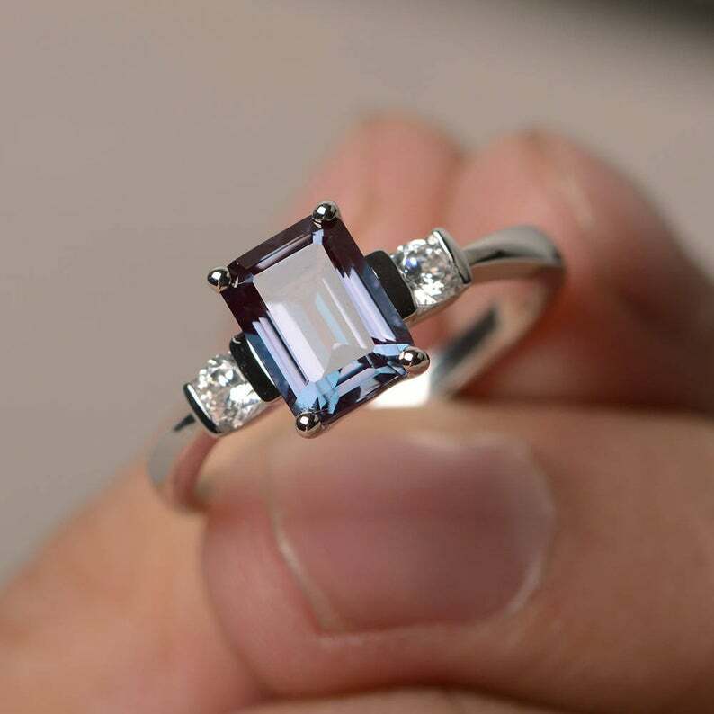 3Ct Emerald Simulated Alexandrite Three Stone Ring 14K White Gold Plated Silver