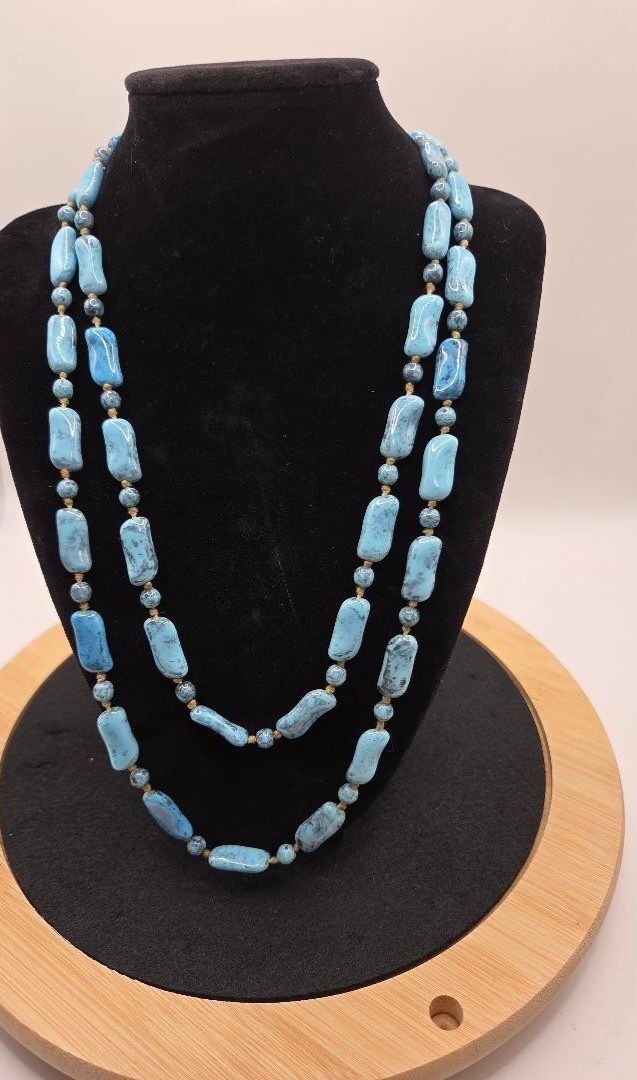 Vintage Blue Beaded Chain Overhead Necklace Southwestern Inspired