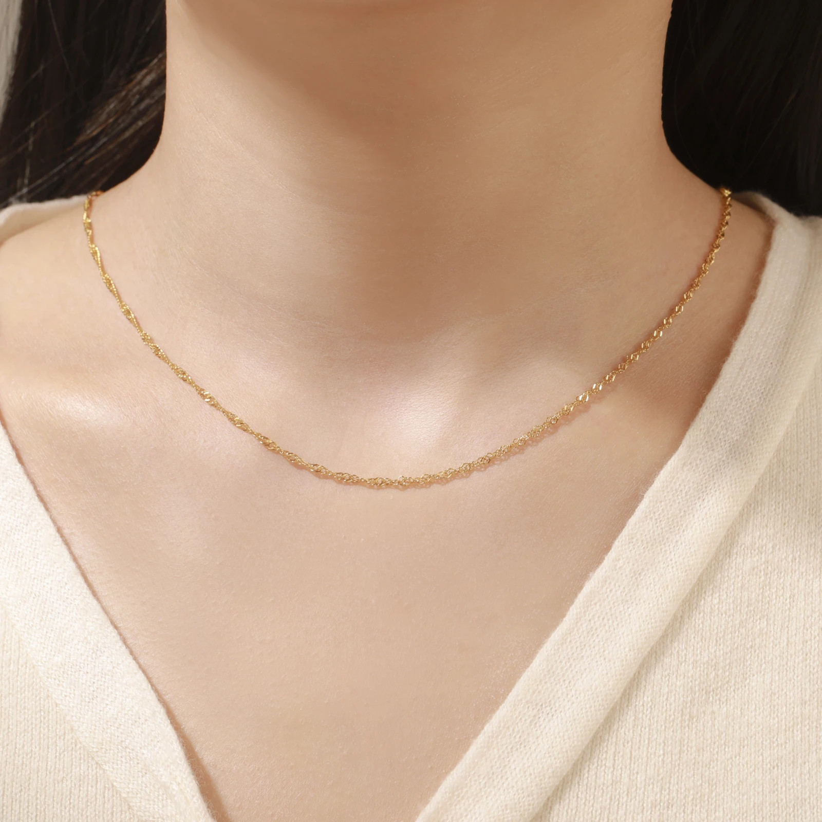 Water Wave Chain Necklace Stainless Steel Gold Color Women Layered Jewelry