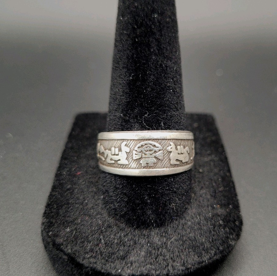 Vintage Sterling Silver Peruvian Inca Storytelling Picture Adjustable Ring Sz. 8
