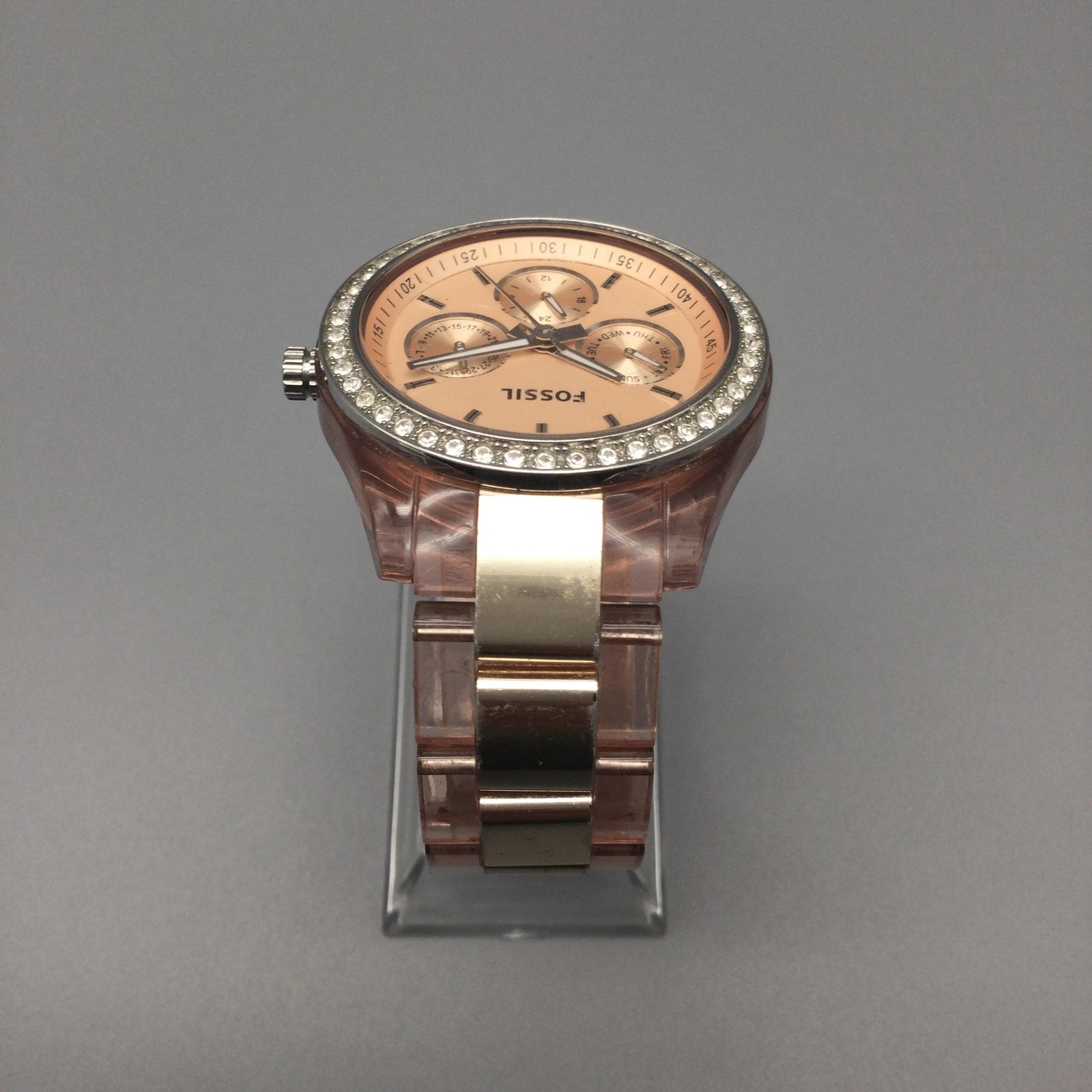 Fossil Riley ES2816 Womens Watch 37mm Gold Tone Pink Bracelet New Battery 7″