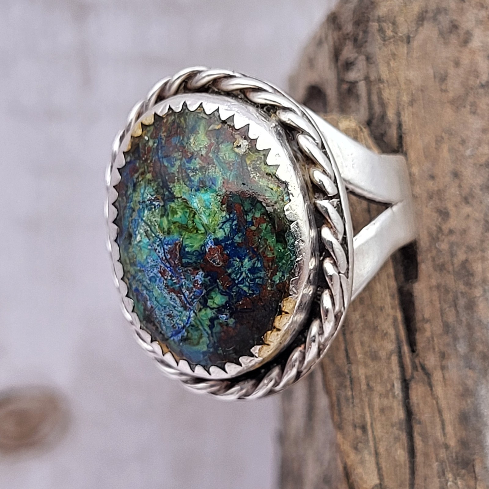 Beautiful Solid 925 Sterling Silver Oval Azurite Malachite Ring