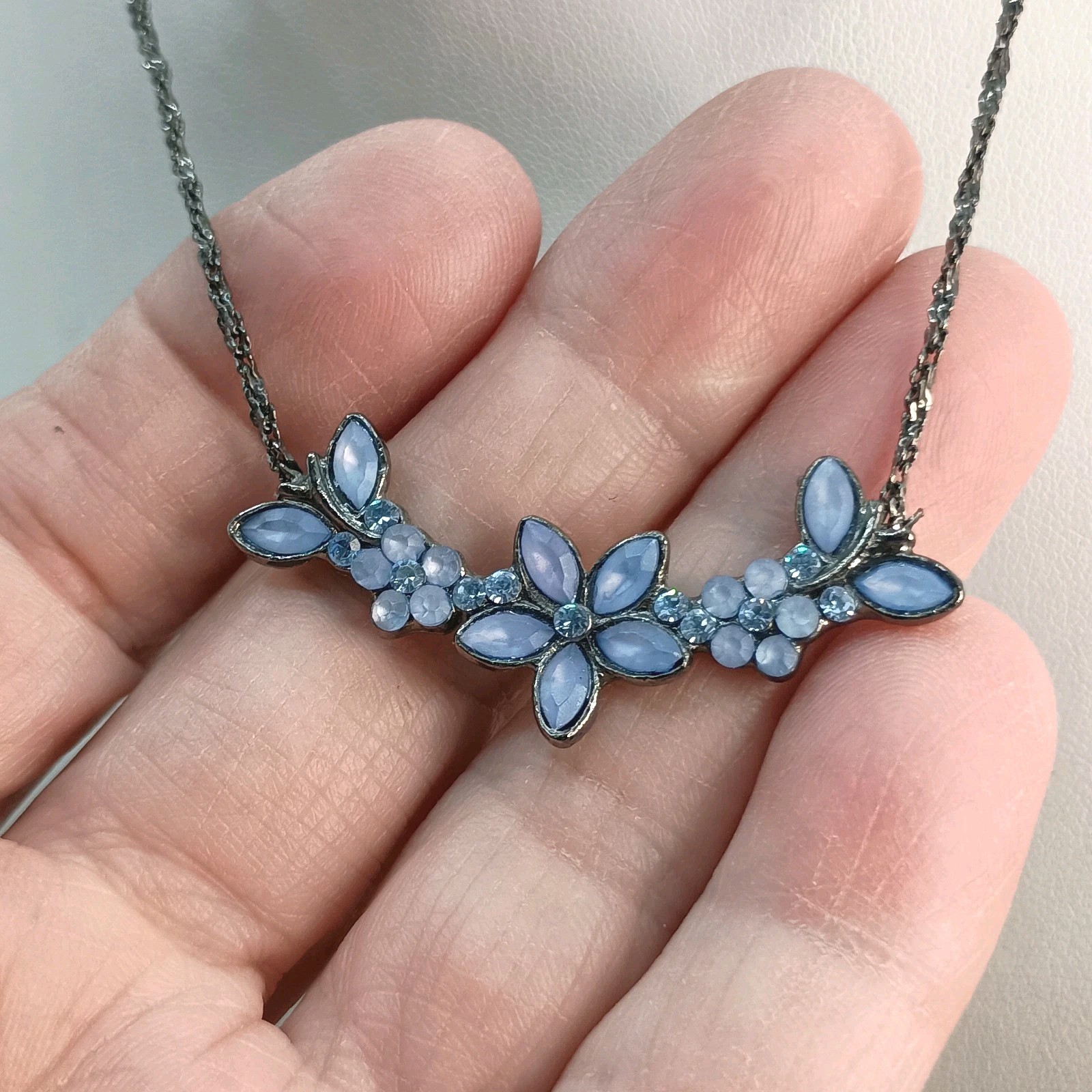 Blue Frosted Glass Rhinestone Necklace Gunmetal Black Chain
