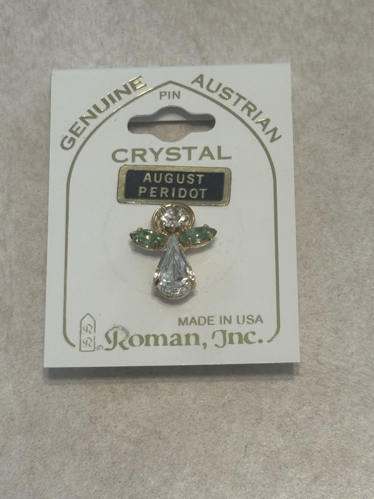 Roman Inc Genuine Austrian Crystal August Peridot Angel Lapel Pin brooch, New