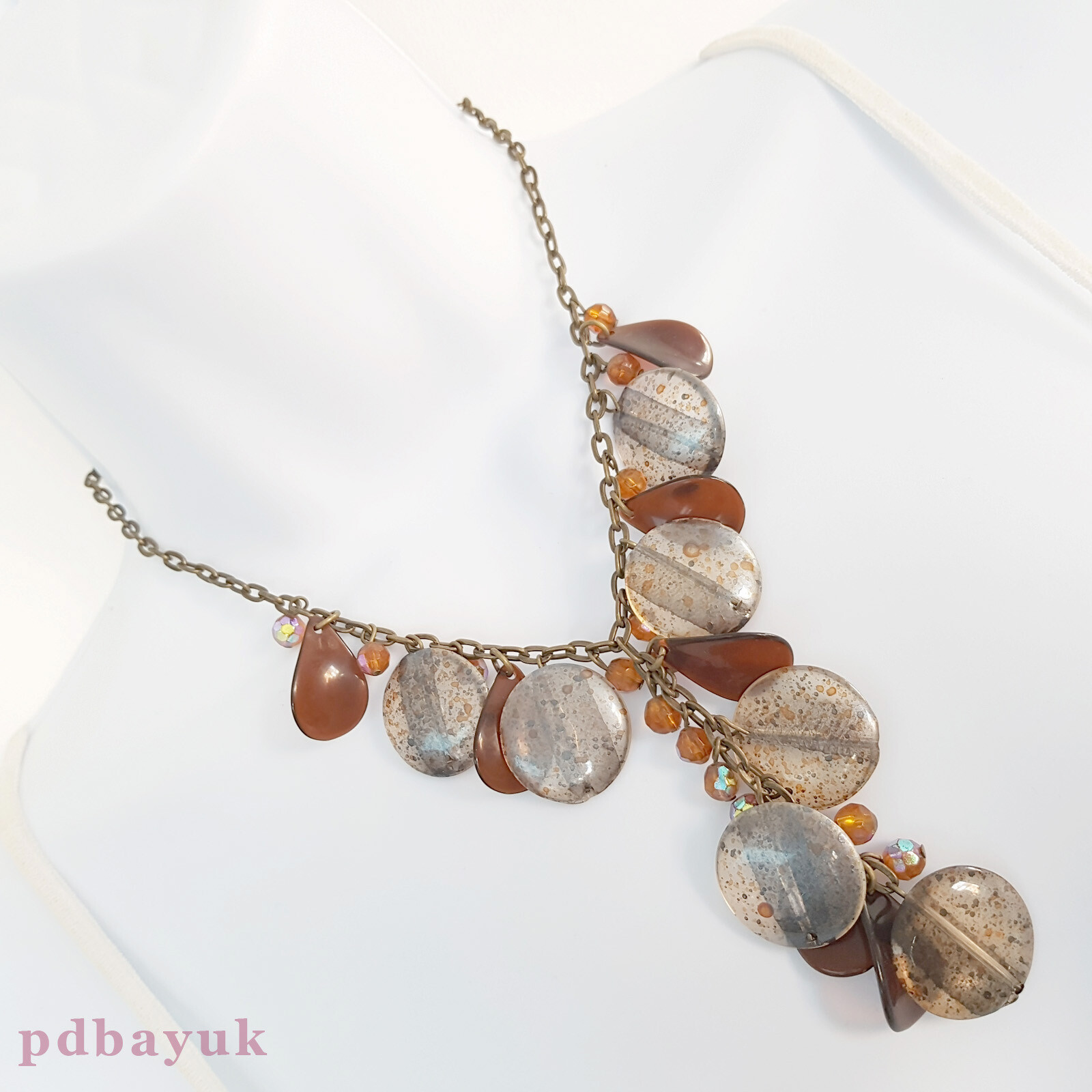 Retro Vintage Style Brown Clear Bead Cluster Boho Necklace 35.5cm 14″ UK ~1725
