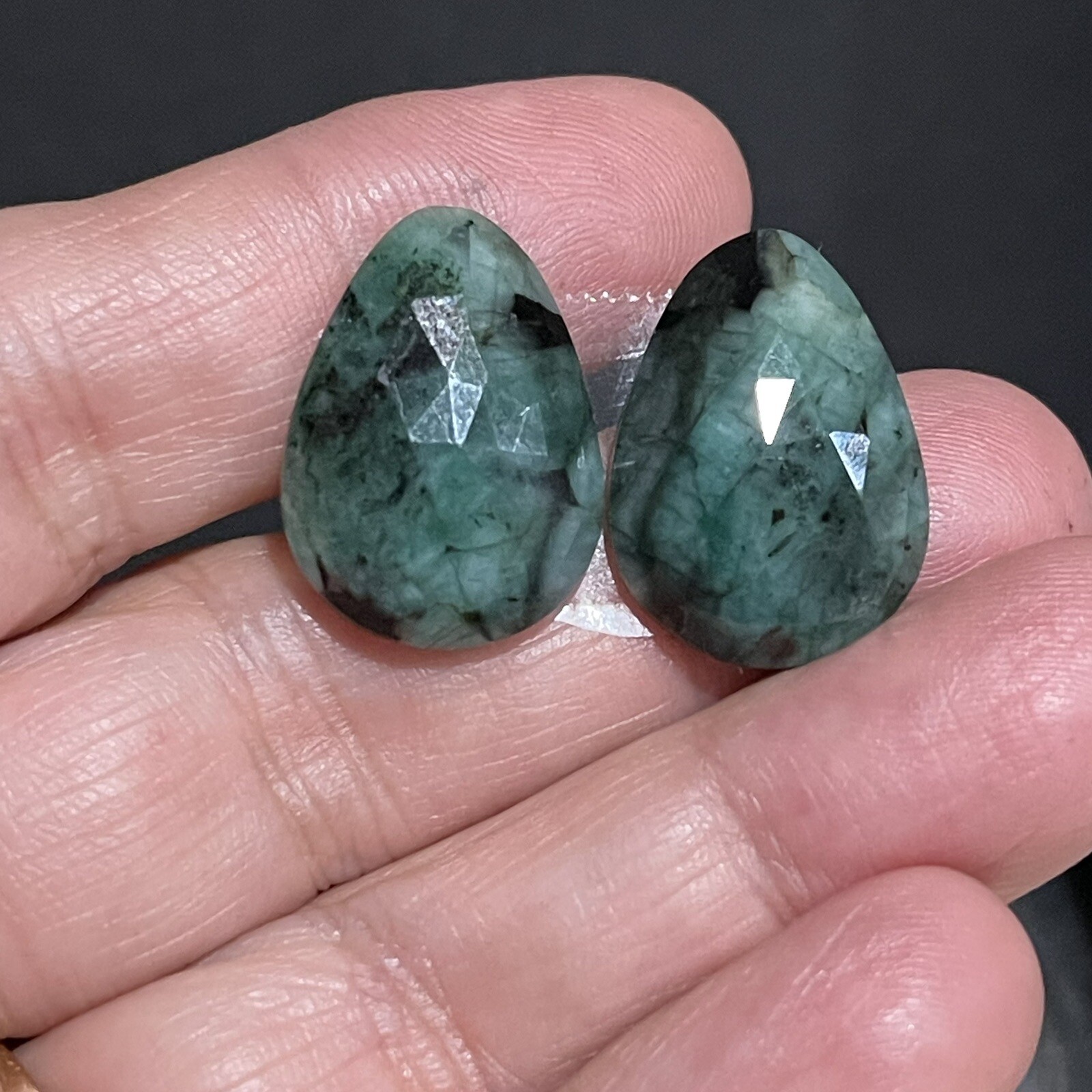 24.3ct 22×15.8×4.7mm Pair Green Emerald Rose Cut Flat Back Teardrop Cabochons