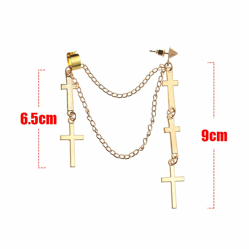 Gothic Punk Cuff Dangle Drop Cross Earrings Long Chain Stud Tassel Earrings P29