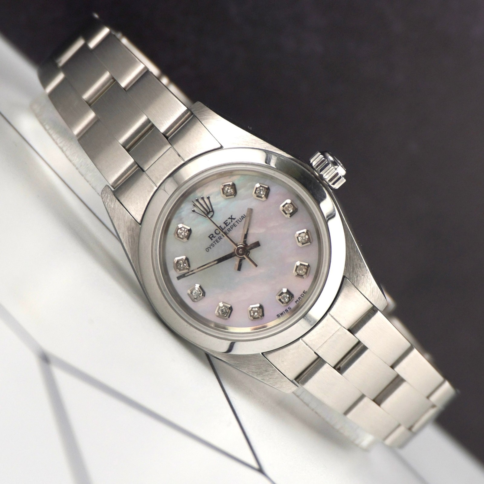 Rolex Oyster Perpetual 25mm Steel White MOP Diamond Smooth Oyster Watch 67180