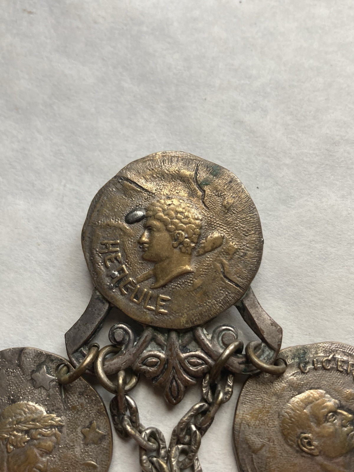 Vintage Brooch Pin Dangle Coins Hercules & Cicero & 2 Others