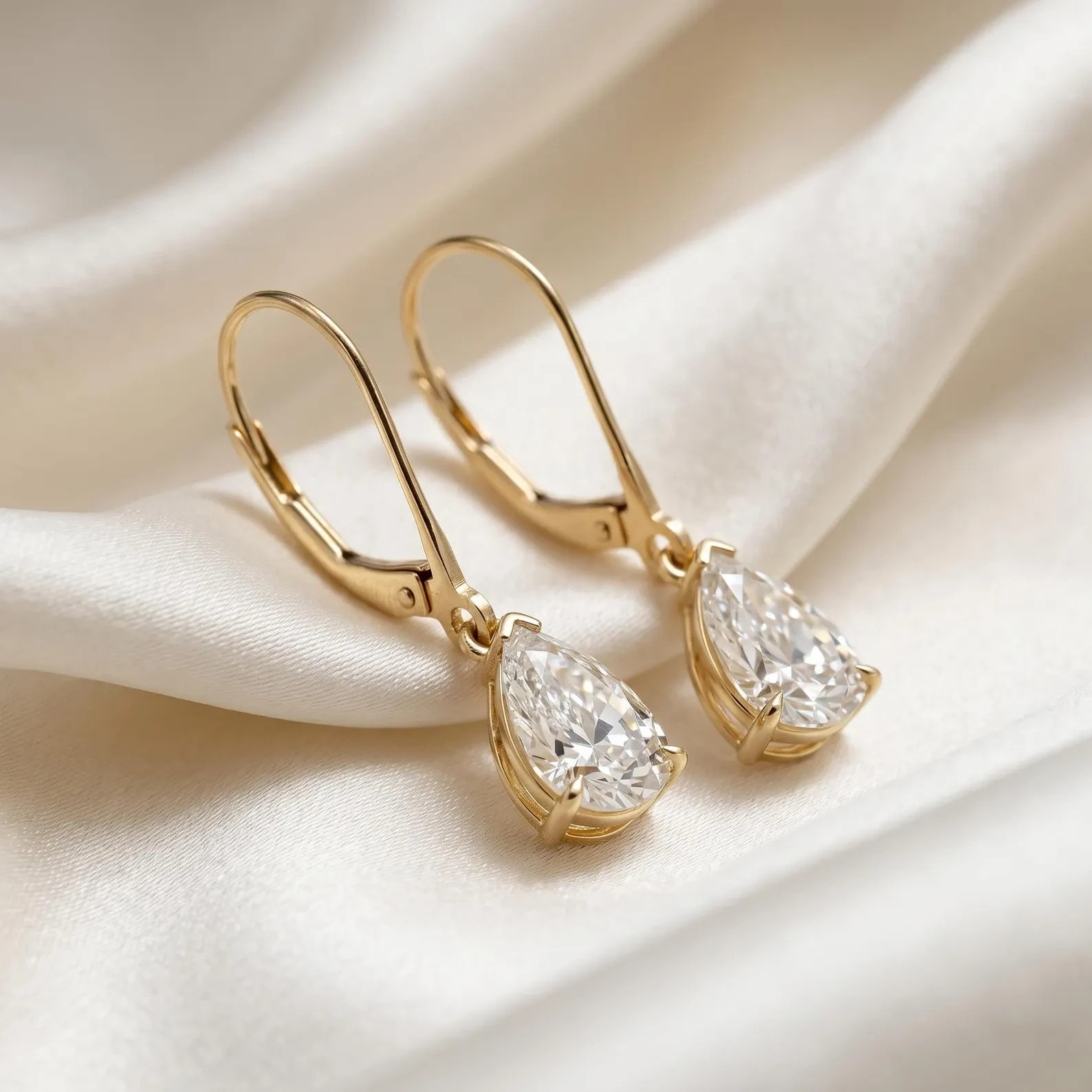 3.00 Ct Pear Cut Moissanite Dangle Drop Leverback Earrings Solid 14K Yellow Gold