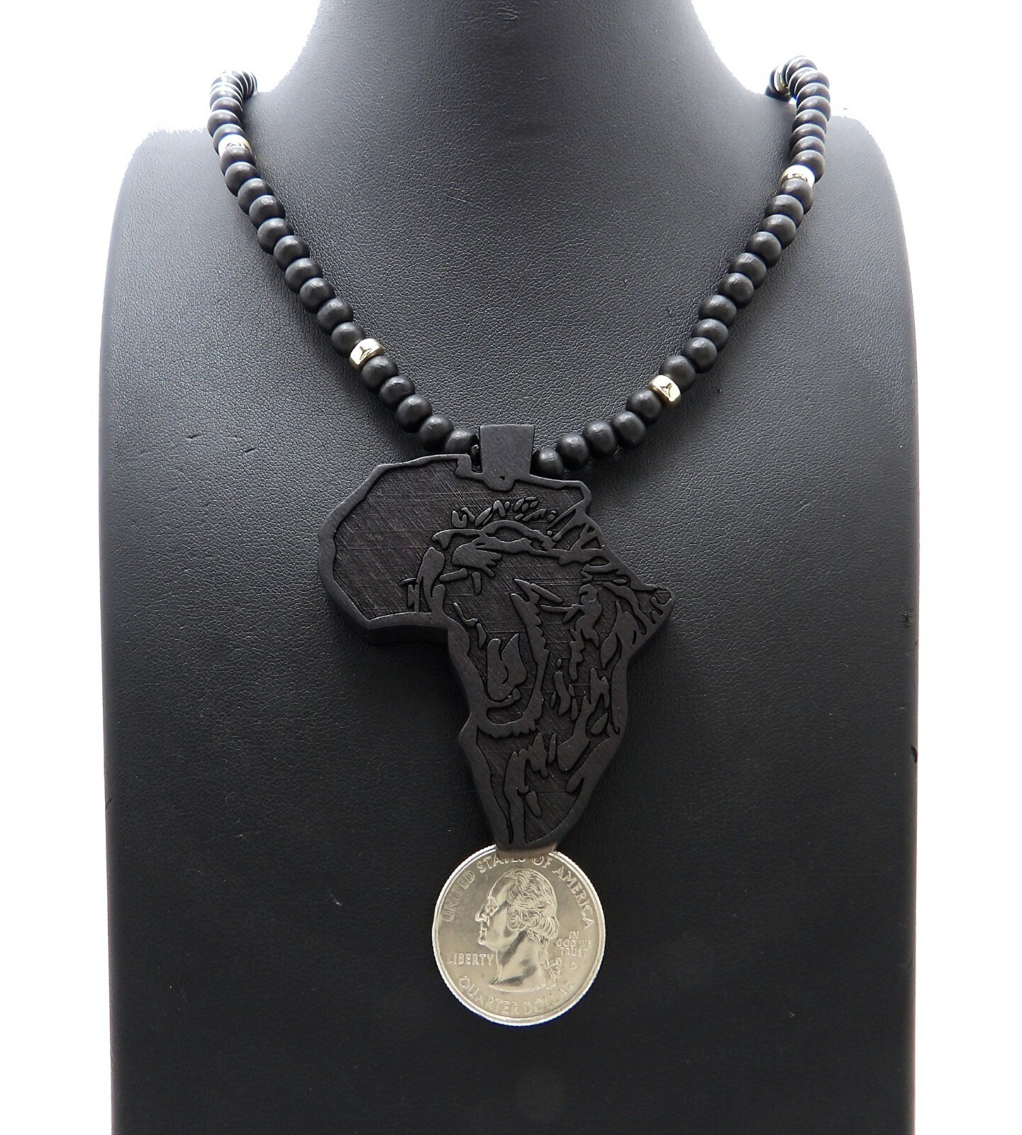 Black Lion Head Africa Pendant & 6mm 26″ Wooden Beads Chain Fashion Necklace