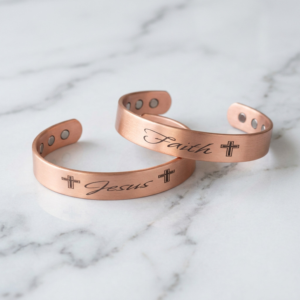 2 Pack Pure Copper Magnetic Bracelet Solid Copper Cuff JESUS FAITH CROSS