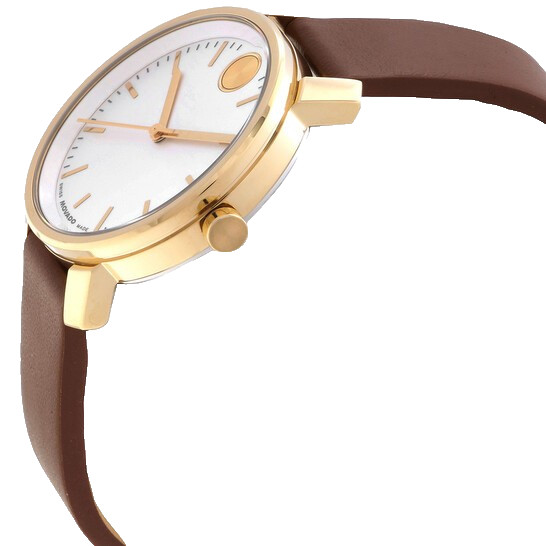 MOVADO BOLD 3601166 WHITE DIAL BROWN LEATHER STRAP QUARTZ 34MM GOLD WOMENS WATCH