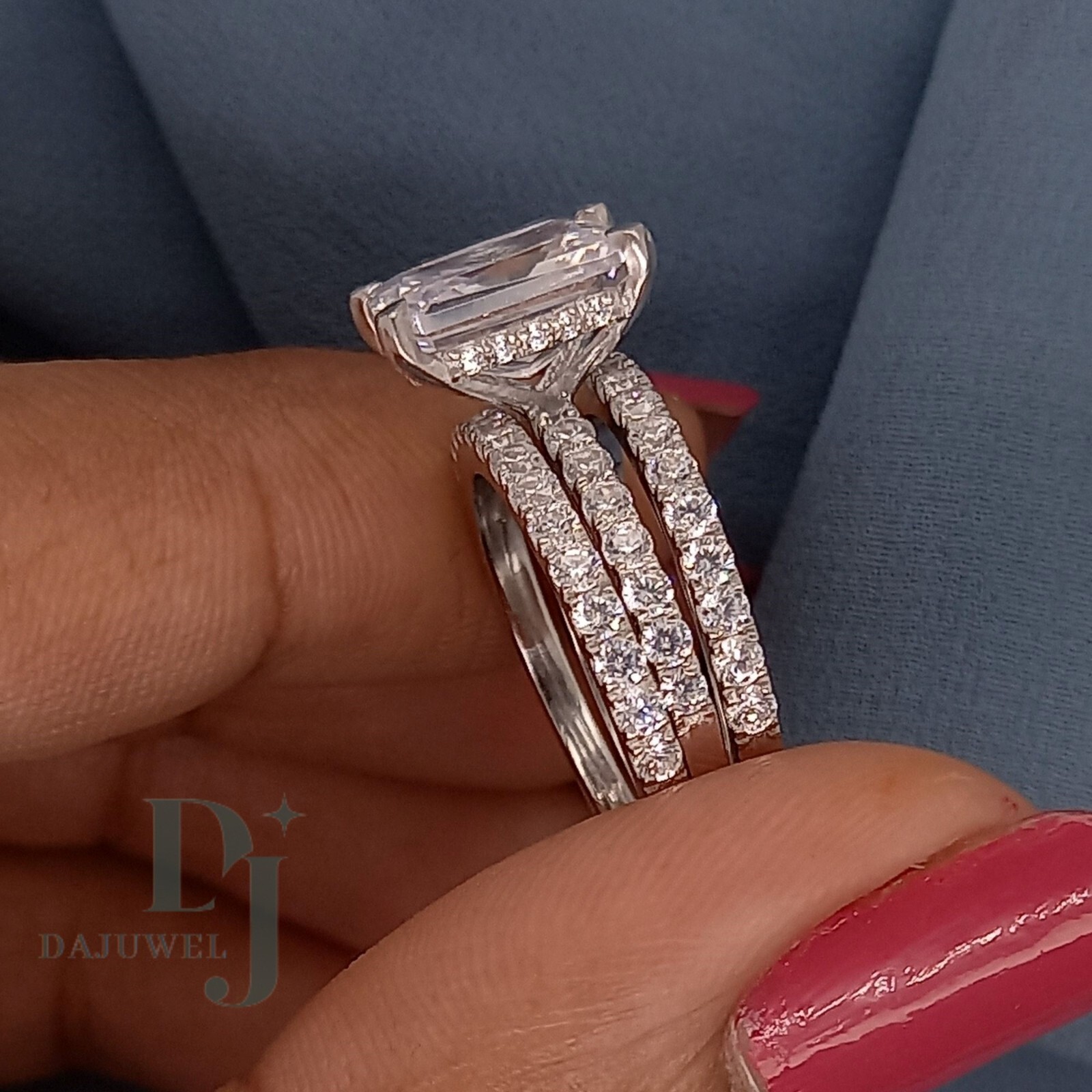 Trio Set Moissanite Engagemement Ring Solid 14K White Gold 3 Carat Radiant Cut