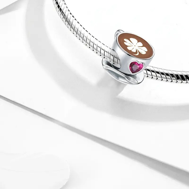Coffee Cup & Pink Heart Bead Charm Sterling Silver S925 Hallmarked