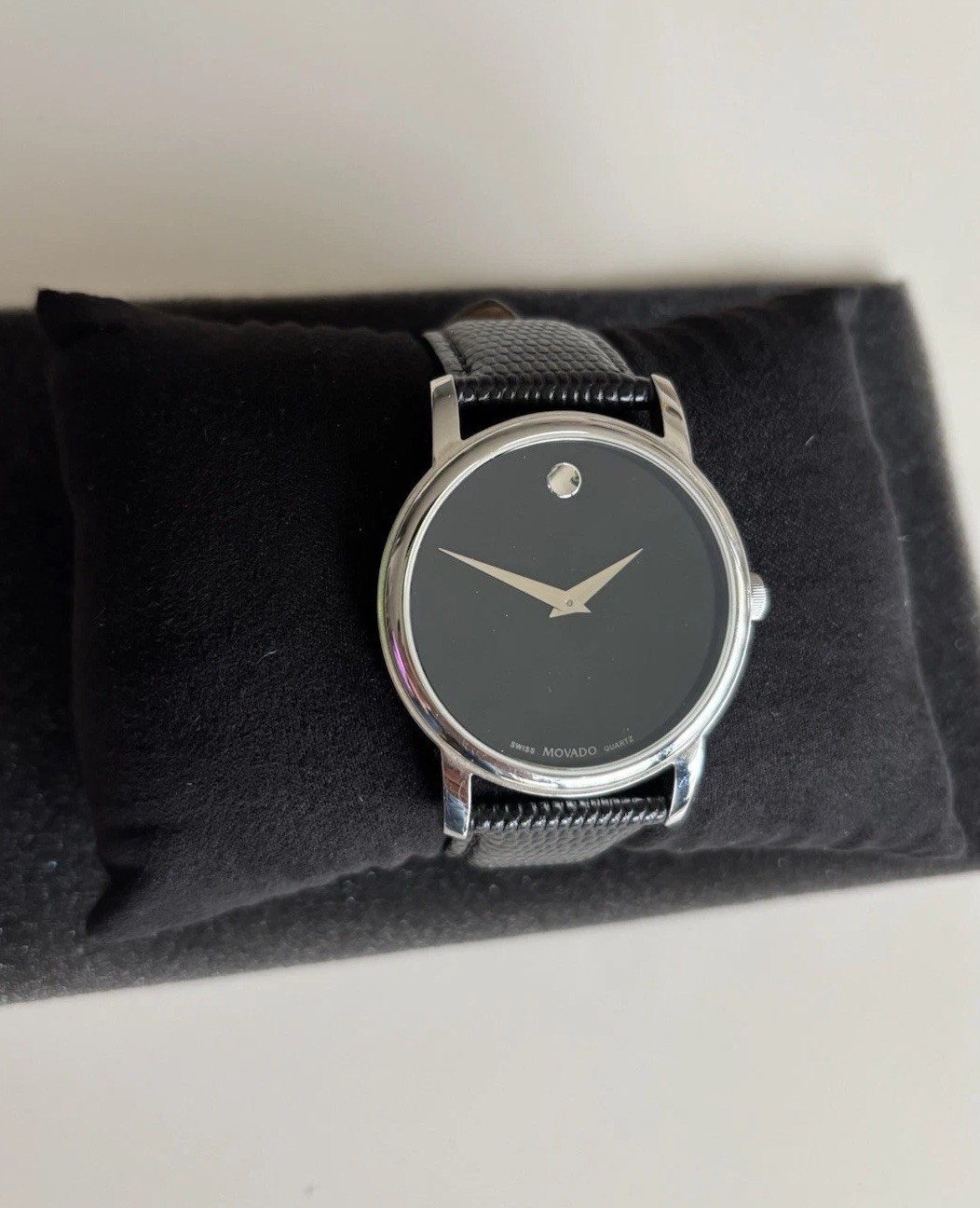Movado Museum Black Dial Sapphire Crystal with Genuine Leather Strap