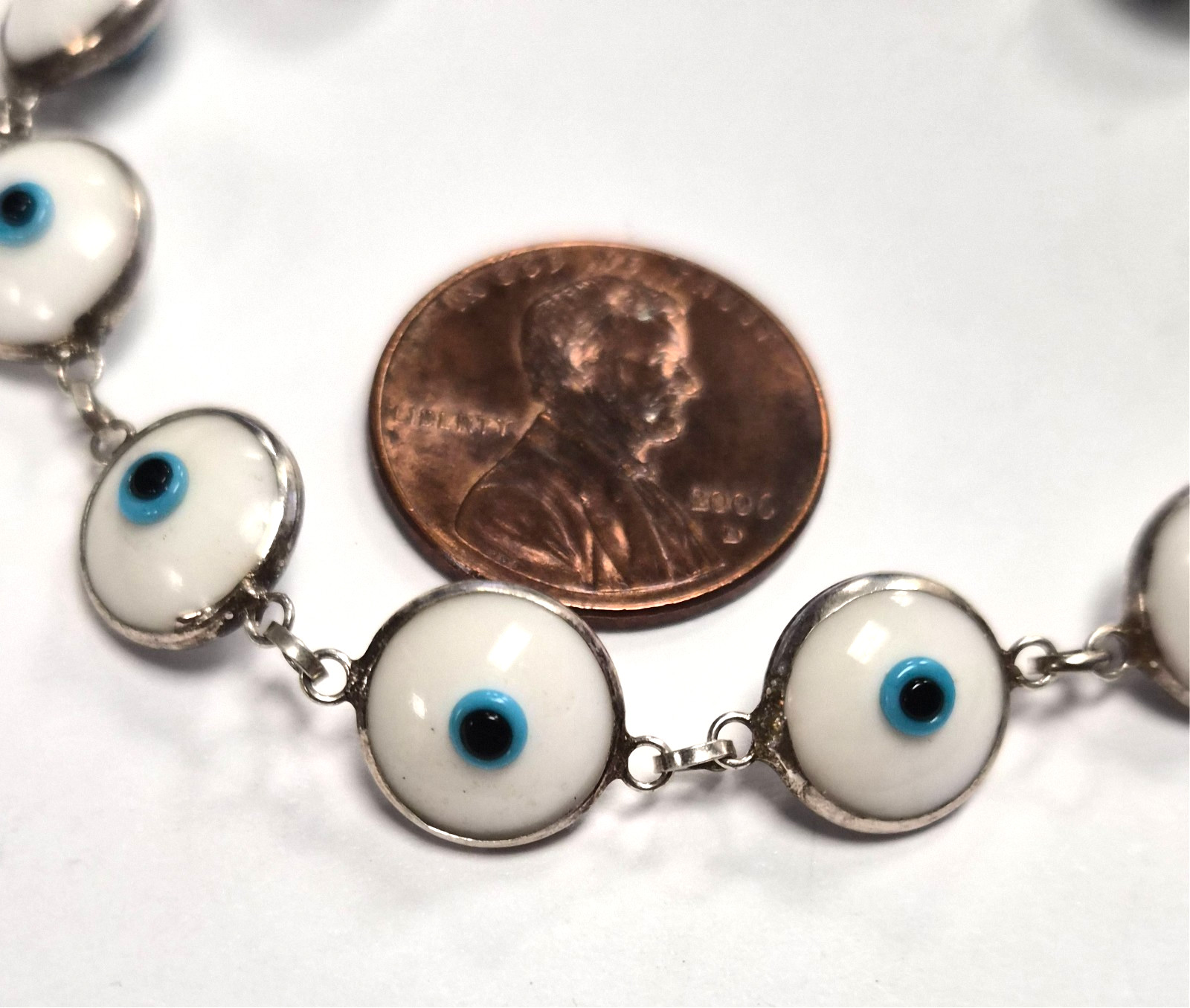 Estate Sterling Silver 925 White & Blue Evil Eye Glass Tennis Link 7″ Bracelet