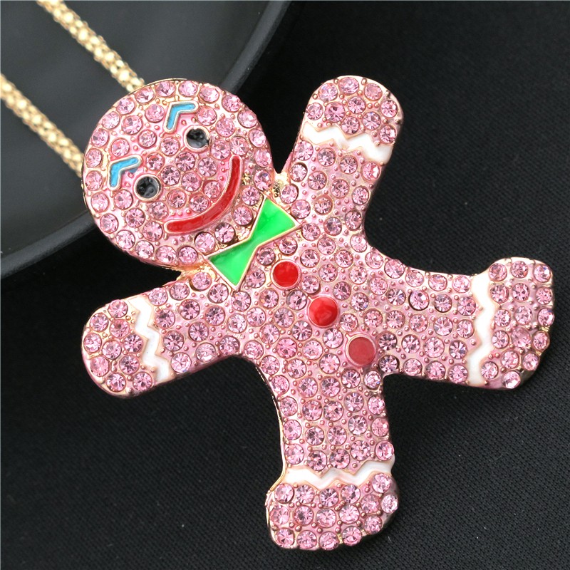 Fashion Lady Pink Rhinestone Cute Snowman Doll Bow Pendant Women’s Necklace