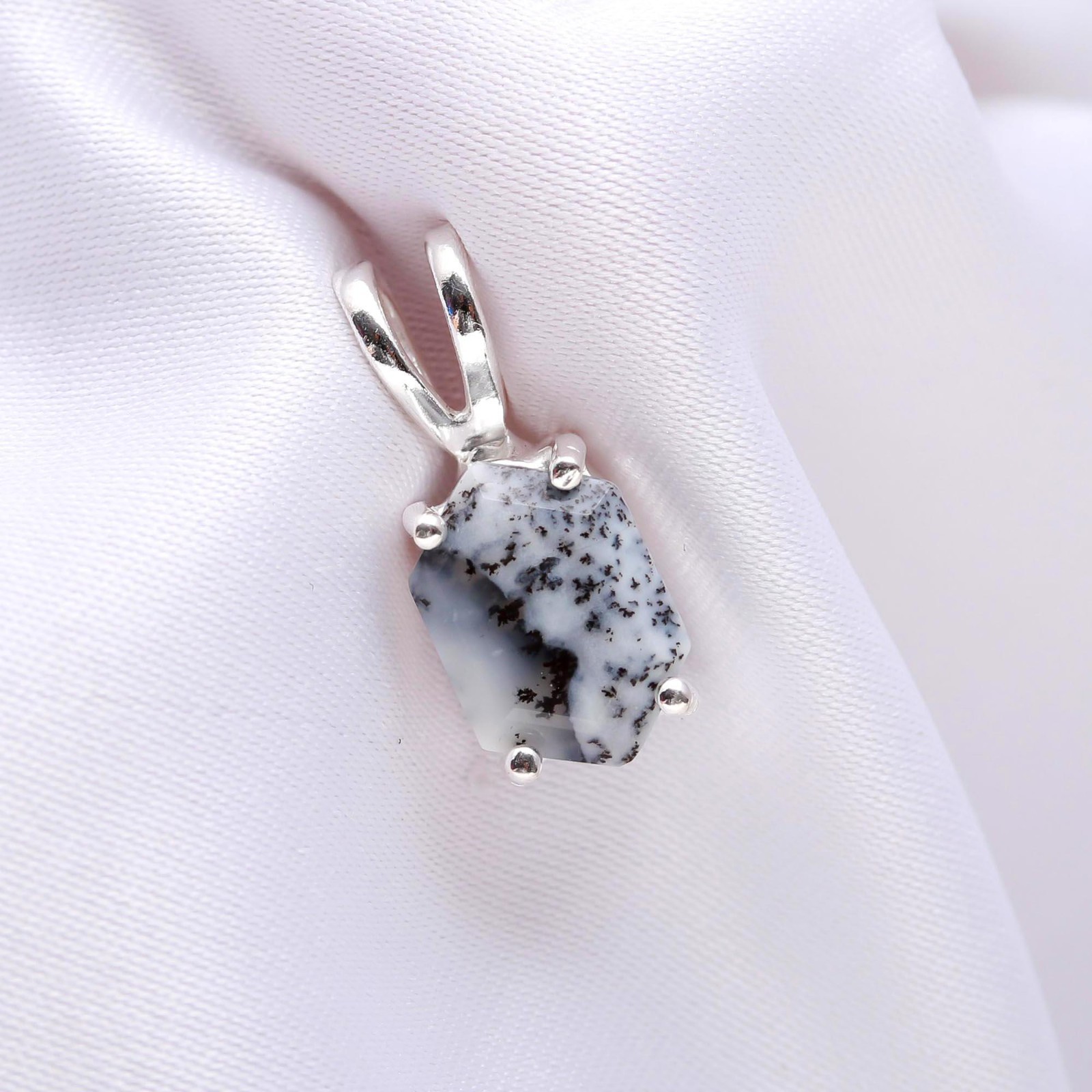 100%Natural dendrite Opal Octagon Pendant 925 Sterling Silver Minimalist Jewelry