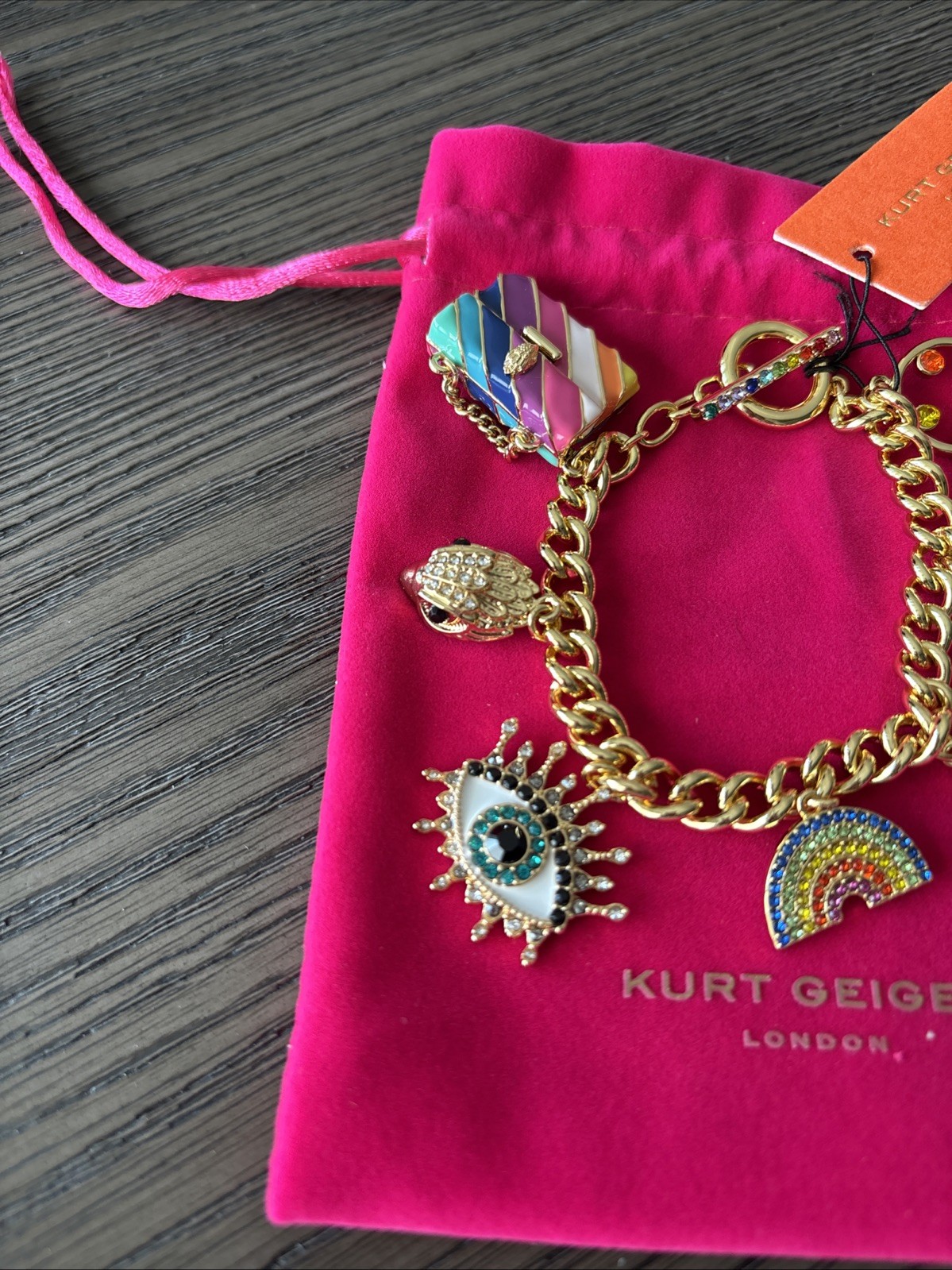 KURT GEIGER LONDON Multi Signature CHARM MULTICOLOR GOLD TONE BRACELET NWT $168