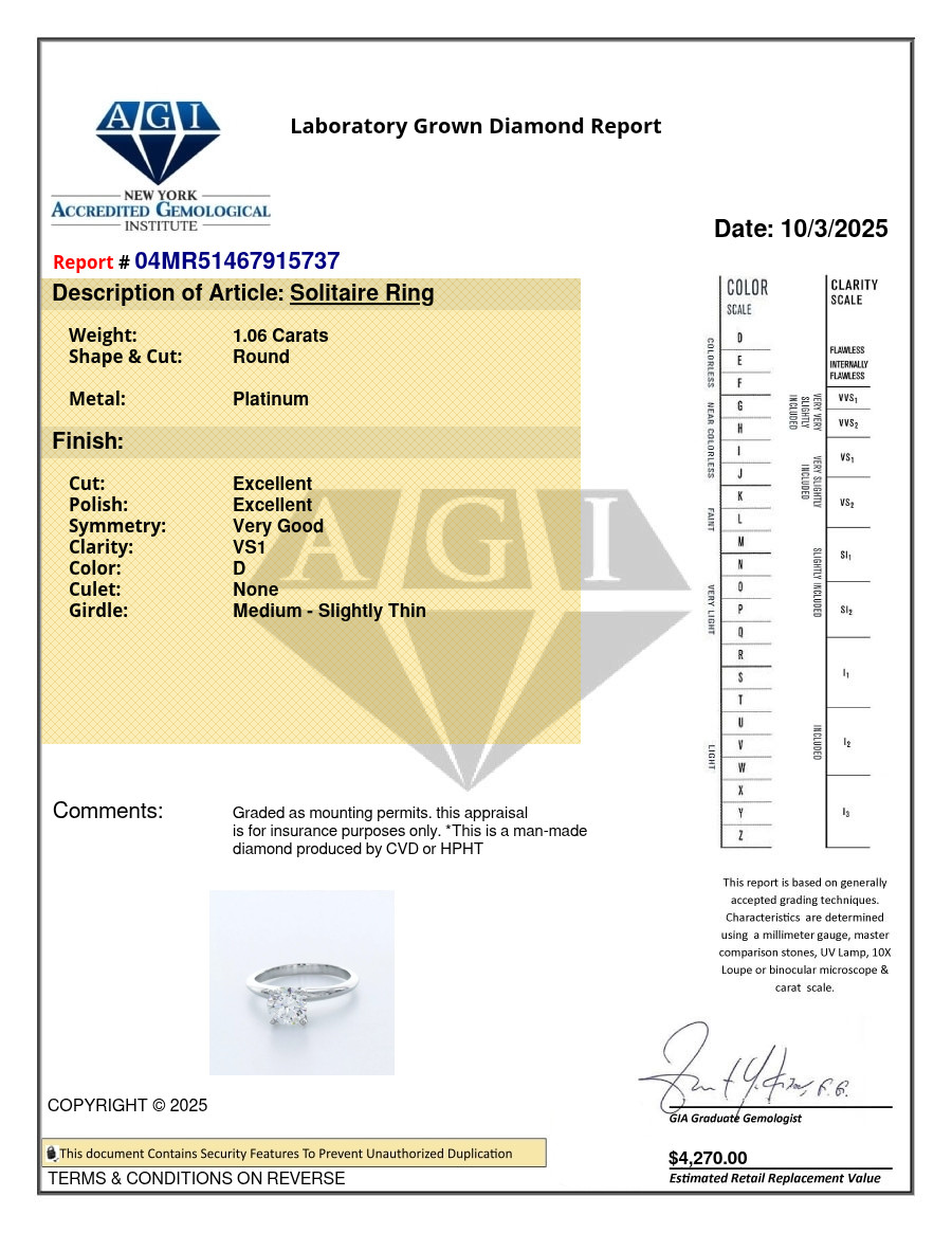 Solitaire Engagement Ring Platinum Classic Round 1.06 CT Lab-Grown Diamond D VS1