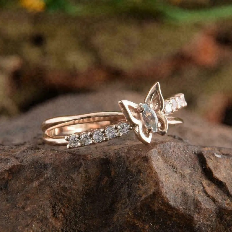 14k Rose Gold Plated 1Ct Round Cut Simulated Diamond Butterfly Wedding Band Ring