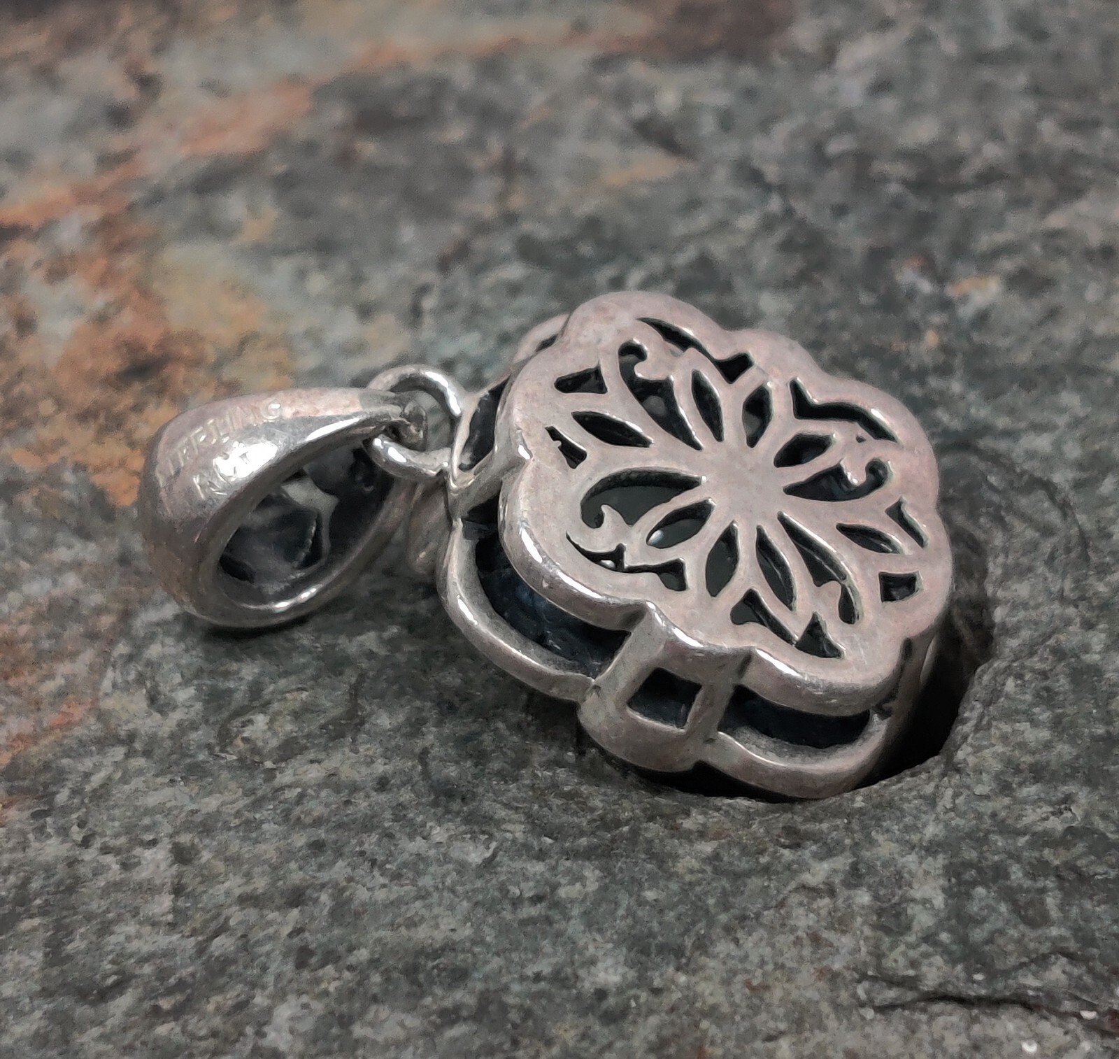 ACI Charm Pendant 925 Sterling Silver Prehnite Clear Quartz Art Nuveau Scroll