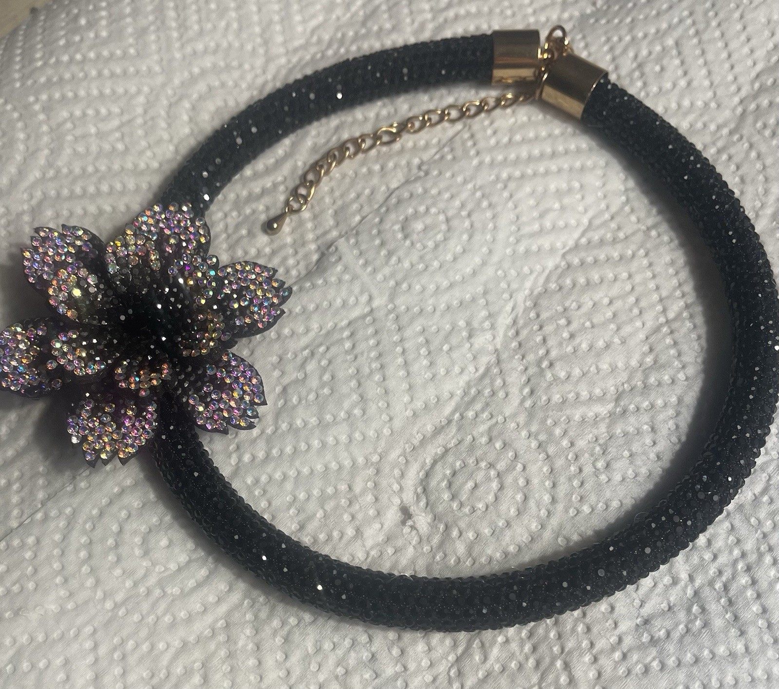Black Adjustable Choker Necklace, Multicolor Rhinestone Crystal Flower Pendant