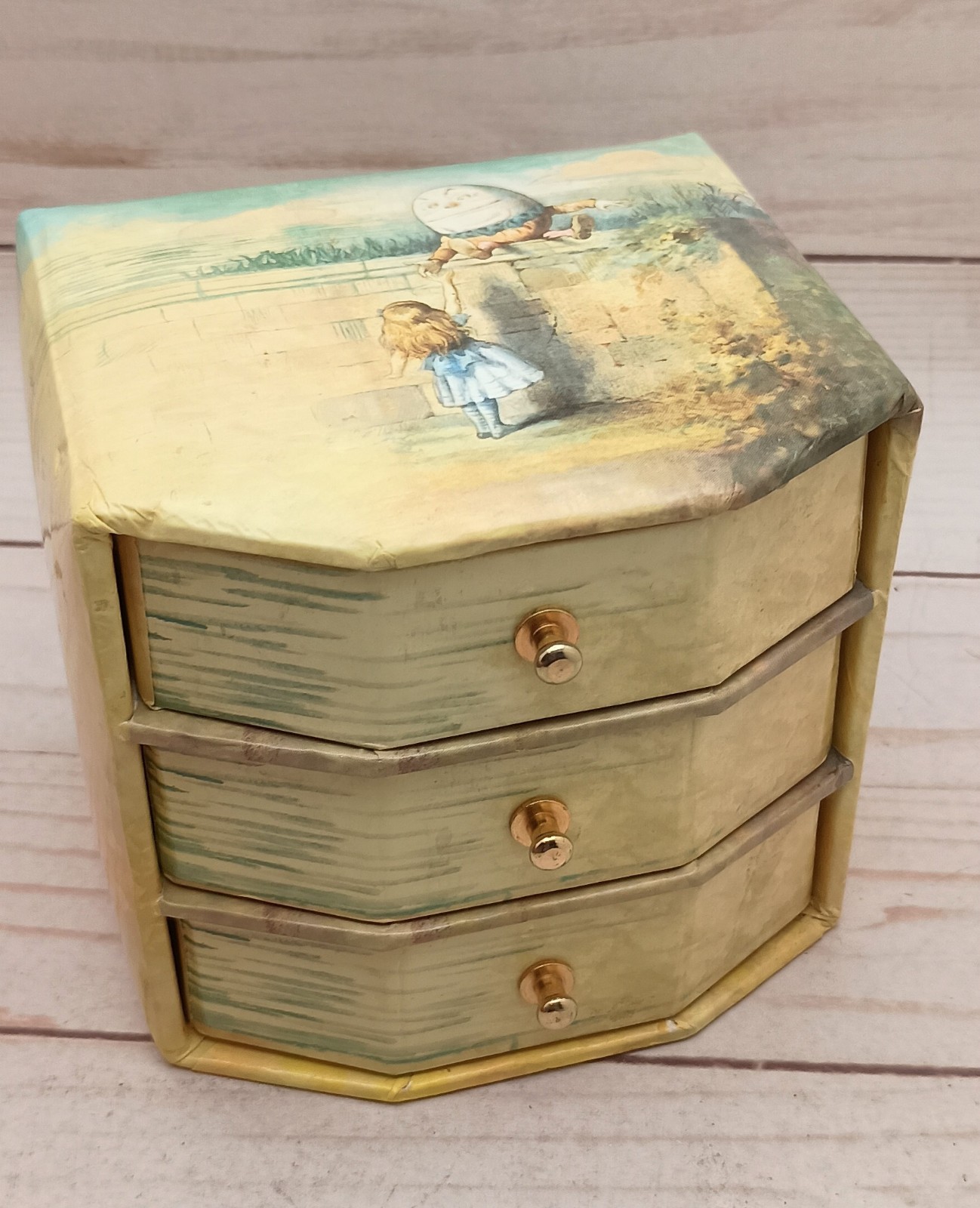 Vintage Alice In Wonderland Cardboard Drawers/Jewelry Box Rossler Papier 3.75″